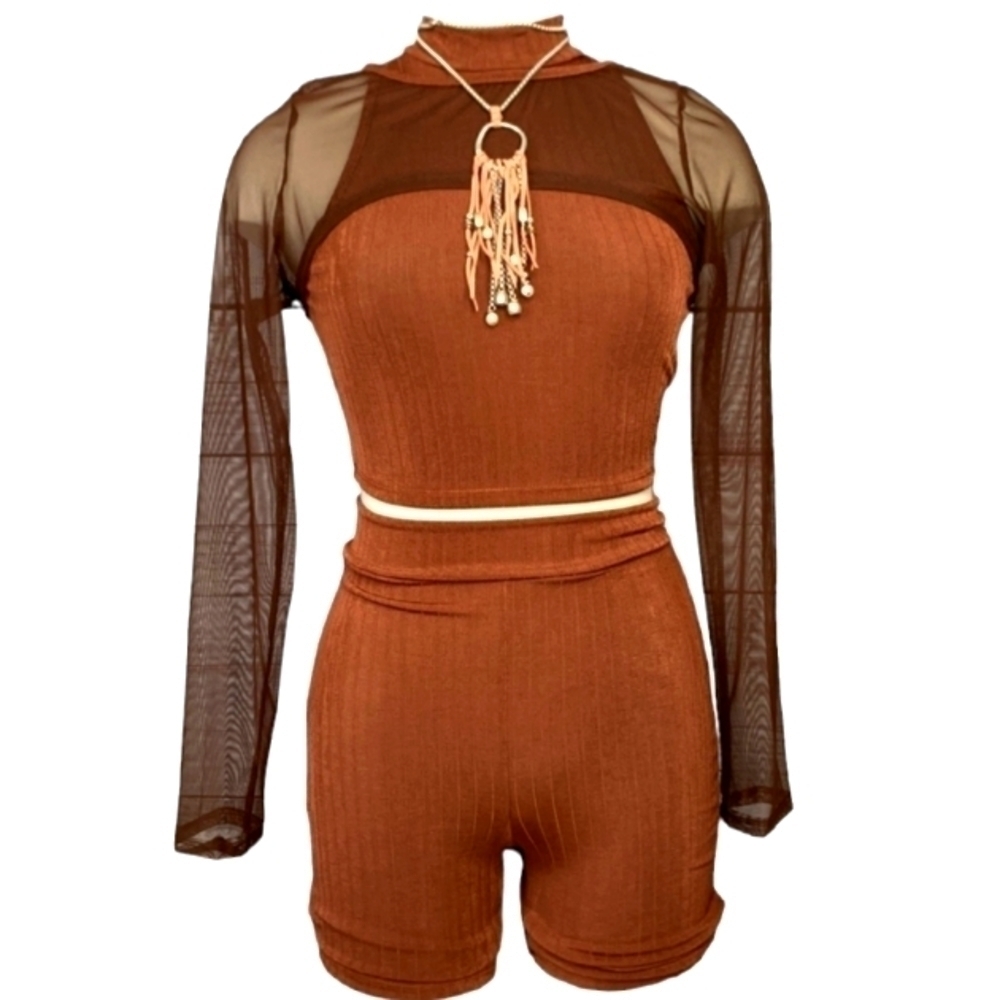 INC USA 3 pc copper brown ribbed shorts outfit large